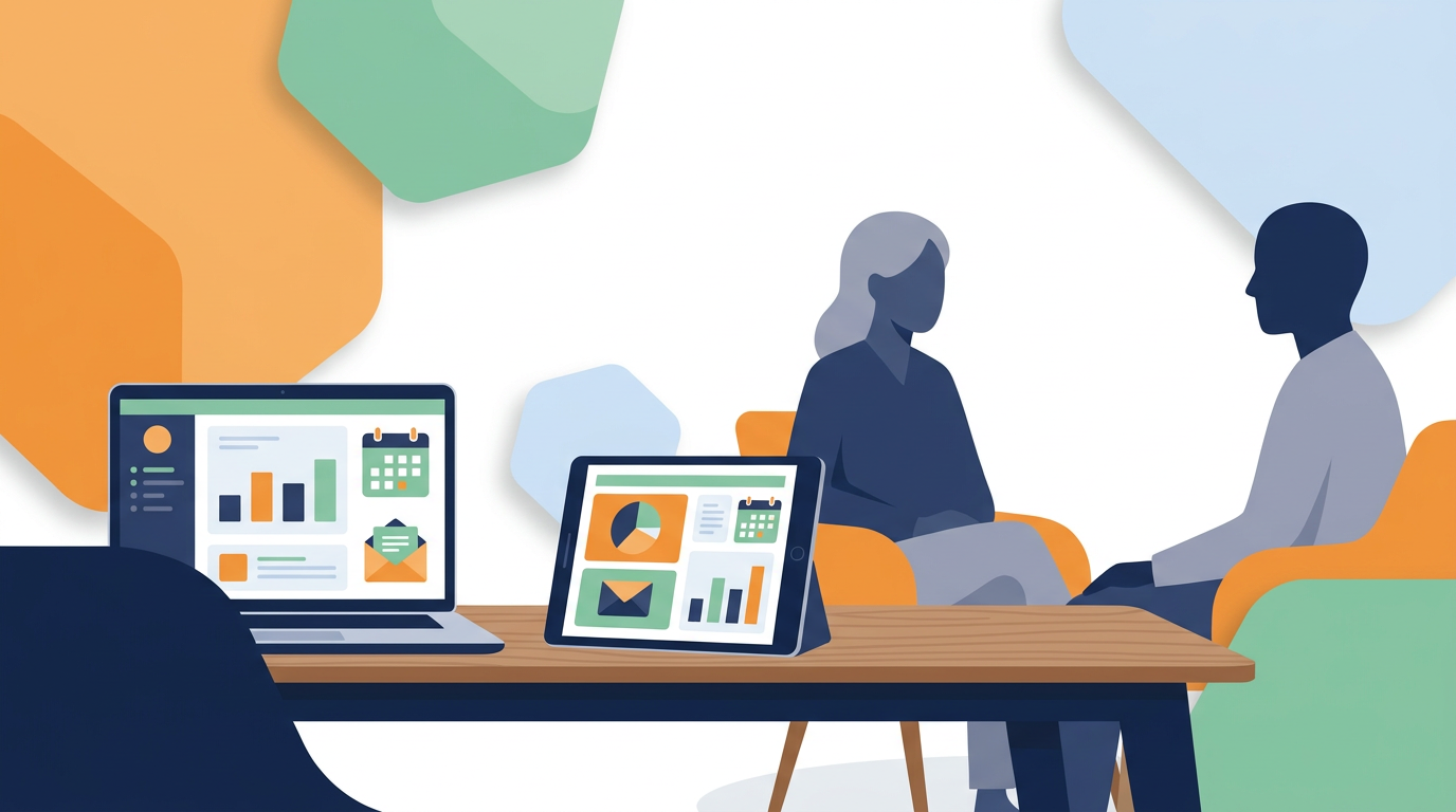 Abstrakter Arbeitsplatz mit Praxissoftware und Kalenderansicht