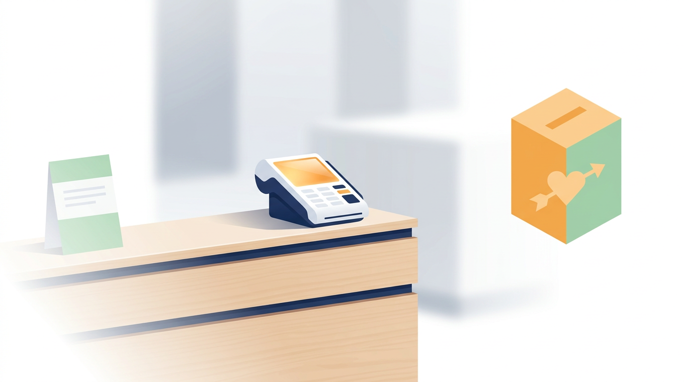 Moderner Praxistresen mit Terminal und dezenter Spendenbox